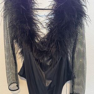 Off shoulder Bodysuit Crystals and feathers Plus